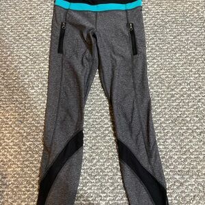 Lululemon Gray and Black Leggings with teal Accents